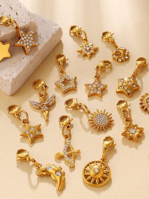 Light Luxury Diamond-Embedded Star Moon Sun Lobster Buckle Pendant Stainless Steel 18K Gold Plating DIY All-Match Accessories