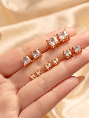 Square round Inlaid Zircon Style Earrings Unisex Nail