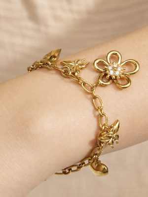Stainless Steel Heart Butterfly Flower Zircon-Inlaid Pendant Necklace Bracelet New Female Accessories Set