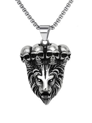 New Punk Vintage Ornament Stainless Steel Polished Oiled Skull Lion's Head Pendant Necklace