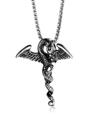 Flame Dragon Black Brick Wings Cross Necklace Stainless Steel Vintage Bat Pendant Ornaments