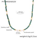 color: P779-Malachite Freshwater Pearl Beaded Necklace 40+7cm