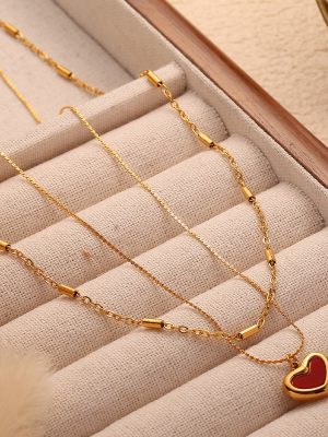 Red Heart Double-Layer Necklace Light Luxury Stainless Steel Clavicle Chain Red Acrylic Advanced Pendant