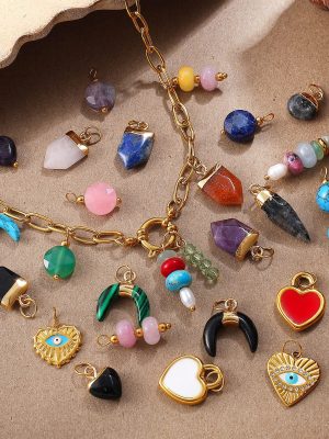 New Beach Ocean Holiday DIY Colorful Natural Stone Love Heart Pendant Parts Plated 18K Gold Jewelry
