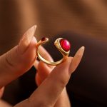 Stainless Steel Garnet Open Ring Little Finger Ring Diamond Luxury Elegant Graceful PVD Gold Plated