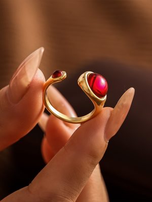 Stainless Steel Garnet Open Ring Little Finger Ring Diamond Luxury Elegant Graceful PVD Gold Plated