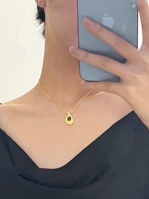 Oval Tigereye Copper Pendant Necklace Stainless Steel Clavicle Chain Simple Temperament 18K Gold Plated Necklace Women