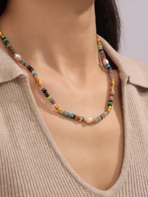 Bohemian Grid Dopamine Freshwater Pearl Natural Stone Beaded Necklace Bracelet Stainless Steel Summer Jewelry Set