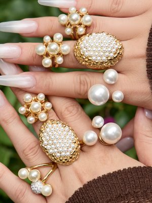 Stainless Steel Open Imitation Pearl Ring Female 18K Gold Non-Fading Design Oval Light Luxury Ring