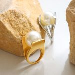 Y-Type Imitation Pearl Italian Designer Unique Plaid Ring Female Exaggerated and Personalized Stainless Steel 18K Gold Plating A166