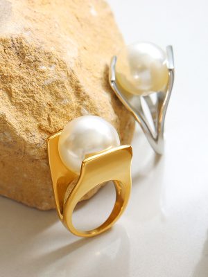 Y-Type Imitation Pearl Italian Designer Unique Plaid Ring Female Exaggerated and Personalized Stainless Steel 18K Gold Plating A166