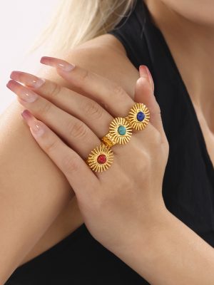 SUNFLOWER Turquoise Karst Opening Adjustable Ring PVD Plated 18K Real Gold Middle Ancient Rings