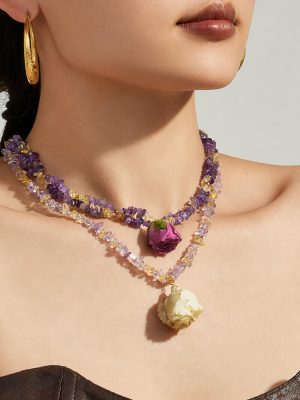 New Dried Flower Pendant Natural Stone Resin Necklace Stainless Steel 18K Gold Plating Premium Necklace Female Accessories