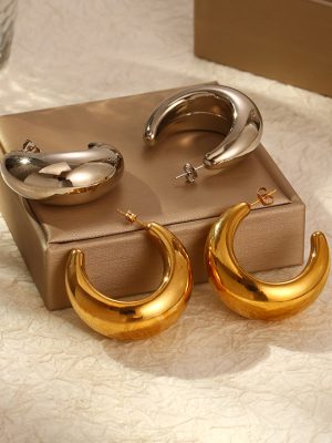 Stainless Steel Oversized Crescent Hollow Earrings High-Grade Light Luxury Bright Plated 18K Earrings