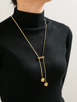 Hollow round Beads Sweater Chain Light Luxury Strip Tassel Pendant Stainless Steel Plated 18K Real Gold Ornament