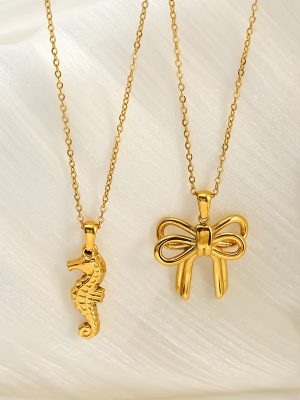 Stainless Steel 18K Gold Plating Bow Haima Necklace Women's Simple All-Match High-Grade Ornament Colorfast