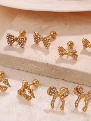 High-Grade Diamond Bow Earrings Stainless Steel Plated 18K Gold and Daylight Color Regular Earrings for Women
