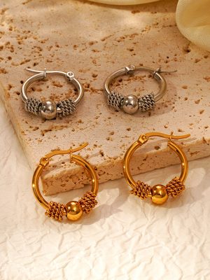 round Spring Clip Bead Earrings Simple Design Women's 18K Stainless Steel