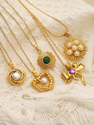 Vintage Inlaid Turquoise Pearl Gold-Plated Necklace Female Personalized Pendant Advanced Clavicle Chain