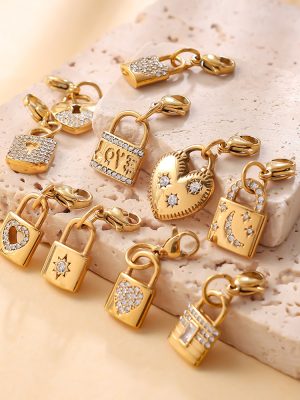 Retro Easy Matching Diamond Lock Shape Series Lobster Buckle Pendant Stainless Steel 18K Gold Plating DIY Accessories