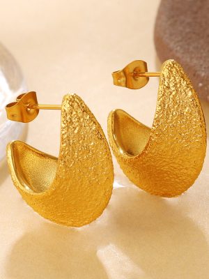 New Retro Hammered Golden Crescent Earrings Stainless Steel 18K Gold Plating Frosted Premium Earrings