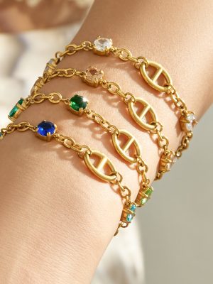 Geometric Japanese-Shaped Color Zircon Chain Stainless Steel 18K Gold Plating Simple Personalized All-Match Bracelet Combination