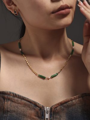 Green Dongling Stone Bamboo Necklace Women's New Chinese National Fashion All-Match Stainless Steel Clavicle Chain Temperament Necklace