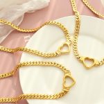 Hip Hop Cool Punk Exaggerated Cuban Link Chain Heart-Shaped Ring Necklace Stainless Steel 18K Gold Plated Light Luxury Jewelry