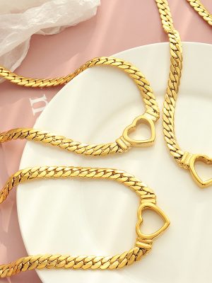 Hip Hop Cool Punk Exaggerated Cuban Link Chain Heart-Shaped Ring Necklace Stainless Steel 18K Gold Plated Light Luxury Jewelry