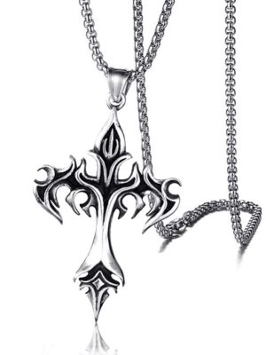 Punk Steel Warrior Stainless Steel Necklace Men's Creative Cross Flame Pendant