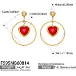color: F595-Red Heart Glass Stone Gold Earrings
