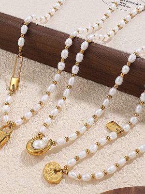 Freshwater Stringed Pearls Necklace Stainless Steel 18K Gold Plated Light Luxury Simple