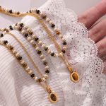 Maillard Natural Stone Beaded Design Necklace Tigereye Pendant Double Layer Twin Stainless Steel Clavicle Chain