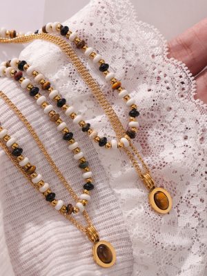 Maillard Natural Stone Beaded Design Necklace Tigereye Pendant Double Layer Twin Stainless Steel Clavicle Chain