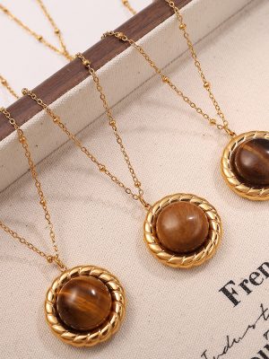 French Style Personality Tigereye Vintage Pendant Necklace Stainless Steel All-Match Women's Light Luxury Ornament Suit Women's