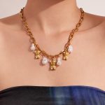 Inlaid Zircon Artificial Pearl Chain Bear Pendant Stainless Steel Material Stackable Necklace