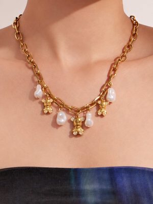 Inlaid Zircon Artificial Pearl Chain Bear Pendant Stainless Steel Material Stackable Necklace
