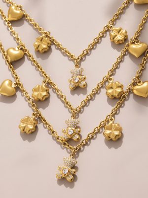 Full Diamond Bear Love Four-Leaf Flower Design Necklace Bracelet 18K Gold Stainless Steel Set