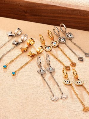 Tassel Stainless Steel Earrings Women's Hanging Chains Eye Pendant Ear Ring All-Match 18K Earrings