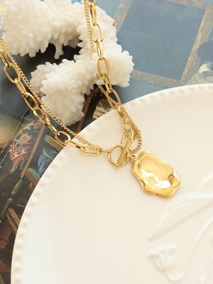 Hip Hop Double Layer Irregular with Personality Pendant Necklace Stainless Steel Gold Plated Temperament Clavicle Chain Ornament Women