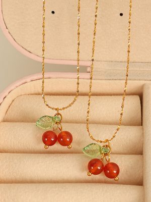Senior Sweet Girl Student Cute Gift Carnelian Cherry Fruit Necklace Clavicle Chain Stainless Steel Female