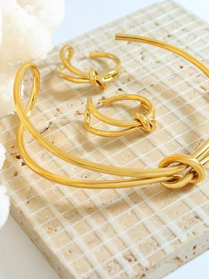 Ornament Lines Double Layer Twisted Knotted Open Ring Stainless Steel Plated 18K Gold Bracelet Jewelry Set