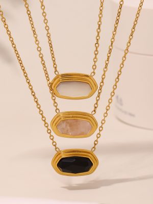 Geometric Stainless Steel Black Agate Inlaid Necklace Pendant 18K Electroplated Real Gold Ornament