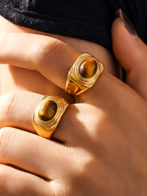 Antique Vintage Textured Edge Oval Tigereye Ring Stainless Steel Gold Plated Simple and Light Luxury Index Finger Ring RGS