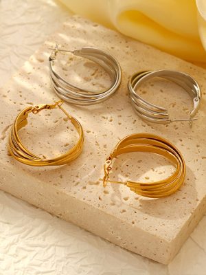 Round Multi-Layer Stainless Steel Earrings Women's 18K Gold Plating Premium Earrings