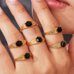 High Quality Octagonal Cut Natural Stone Ring Plated 18K Real Gold Exquisite Stainless Steel Little Finger Ring