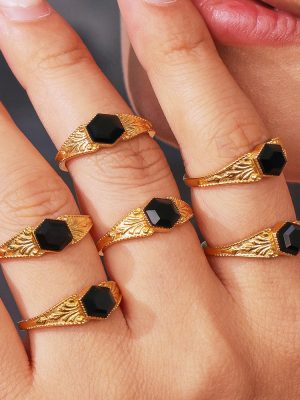 High Quality Octagonal Cut Natural Stone Ring Plated 18K Real Gold Exquisite Stainless Steel Little Finger Ring