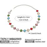 color: TXP611-Colorful Glass Stone Flower Steel Color Necklace -32+2cm