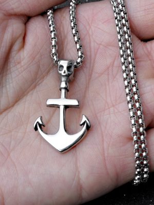 Domineering Men's Cool Navy Skull Boat Anchor Necklace Men's Glossy Hook Stainless Steel Pendant