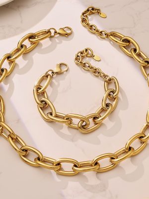 Hip Hop Stainless Steel Oval Thick Chain Bracelet and Necklace Set Plated 18K Gold Jewelry